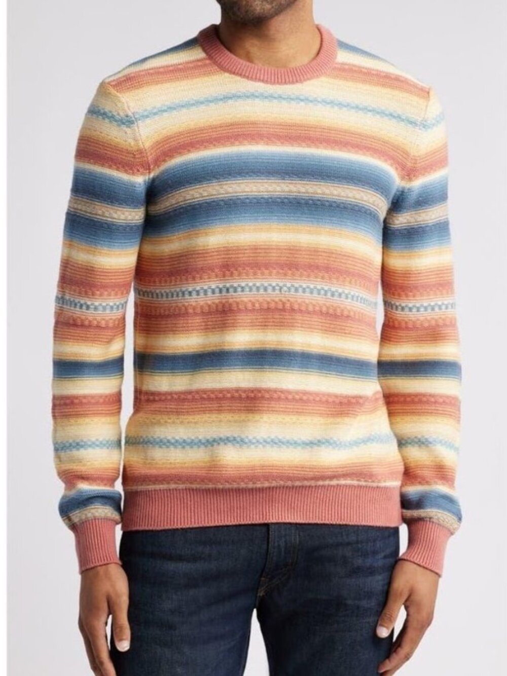 Faherty Stripe Crewneck Sweater Organic Cotton Cashmere Textured Knit Large